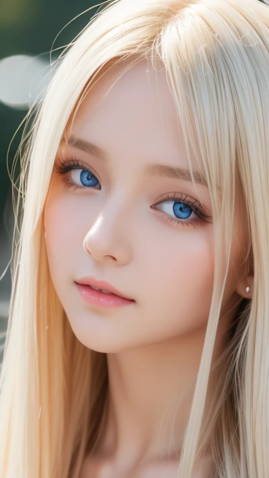 Highest quality、masterpiece、(Realistic:1.4)、One very beautiful blonde girl、Dazzlingly long, super long straight silky platinum blonde、Bangs between the eyes、bangs on the face、Big, very bright light blue eyes that shine so beautifully、Very big eyes、front、Detailed face、Beautiful Eyes、Very white and bright, beautiful skin、Small Face Beauty、14 year old beautiful girl、Cheek gloss highlighter、Round face