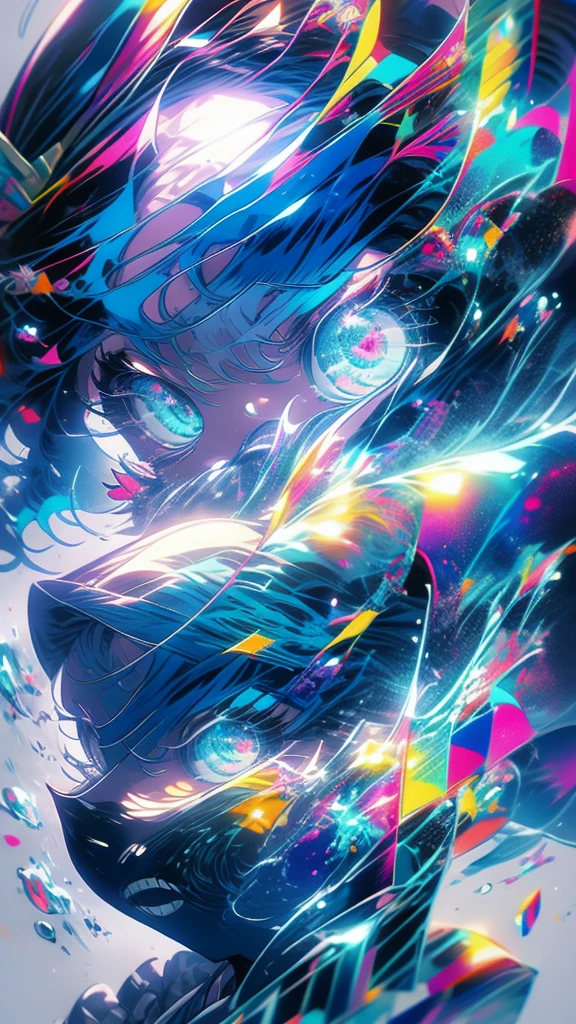 Blue-haired side ponytail,Design clothing,Seven-doppelganger shot,Anime style 4K,Anime girl with teal hair,High quality anime art style,Standing painting,Splash ink background,Blue Themes。