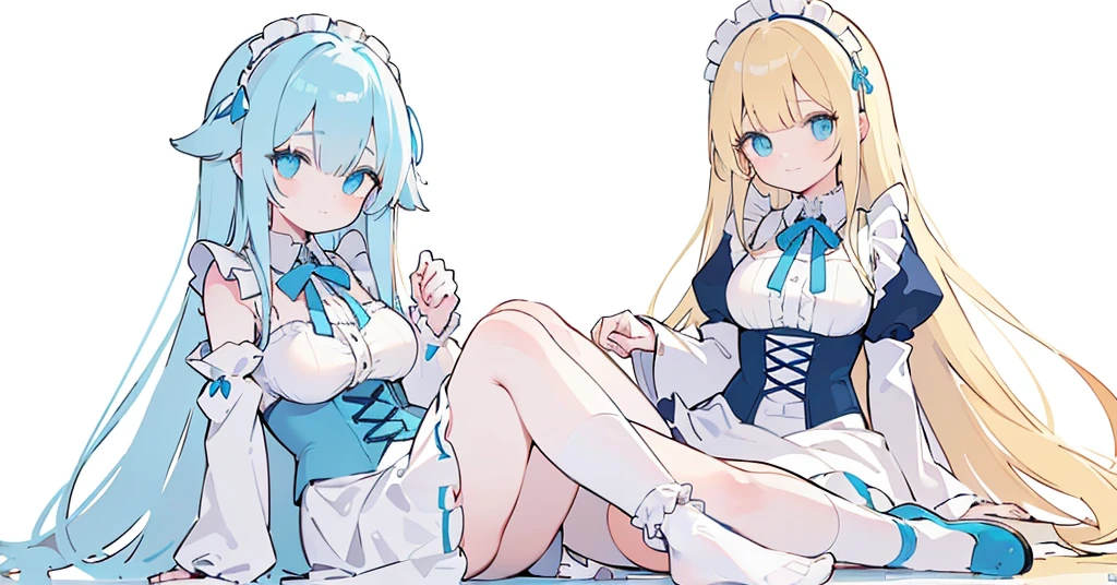 (long beautiful blonde hair) blue eyes, (Eyes behind long bangs) big breasts, Sitting pose using accessories (using socks) perfect shiny beautiful cyan shoes (Wearing luxurious palace maid clothes Perfect perfect noble) Pose facing sideways (Girl1, straight hair not too long, bangs covering one eye, soft face, gentle smile) long BLONDE hair, beautiful cyan eyes (Sitting pose, right hand down, left hand down, leaning pose, smile kawai, (blank white background) Wearing a blue corset, (Using a beautiful bright blue ribbon) Kawai shy cute eyes (cyan colored shoes must be shiny, Must wear short white socks) Short custom maid sleeves reaching mid-shoulder, Use lots of accessories