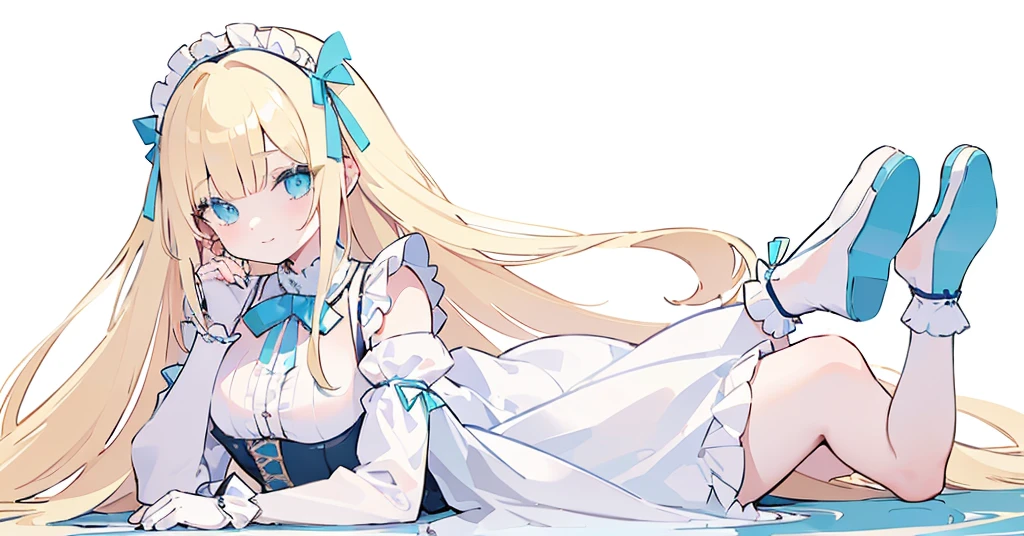 (long beautiful blonde hair) blue eyes, (Eyes behind long bangs) big breasts, Sitting pose using accessories (using socks) perfect shiny beautiful cyan shoes (Wearing luxurious palace maid clothes Perfect perfect noble) Pose facing sideways (Girl1, straight hair not too long, bangs covering one eye, soft face, gentle smile) long BLONDE hair, beautiful cyan eyes (Sitting pose, right hand down, left hand down, leaning pose, smile kawai, (blank white background) Wearing a blue corset, (Using a beautiful bright blue ribbon) Kawai shy cute eyes (cyan colored shoes must be shiny, Must wear short white socks) Short custom maid sleeves reaching mid-shoulder, Use lots of accessories