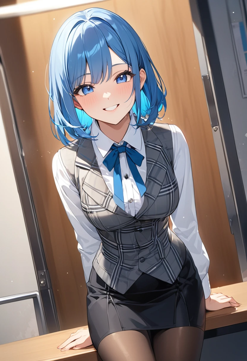 (Highest qualityのイラスト:1.2), (pretty girl:1.1), (1 girl、、Highest qualityのイラスト:1.2), (1 girl、smile、Beautiful breasts、Very detailedな目:1.2)、((Bright blue hair:1.2))、Short Bob Hair、(Highest quality、Very detailed、Very detailed and beautiful、Ultra-high resolution) 、BREAK wearing a [[white and gray plaid pattern]] vest over a long sleeve white collared-shirt), (buttoned gray vest:), (tight black pencil skirt), (pantyhose),office、Front facing、smile、