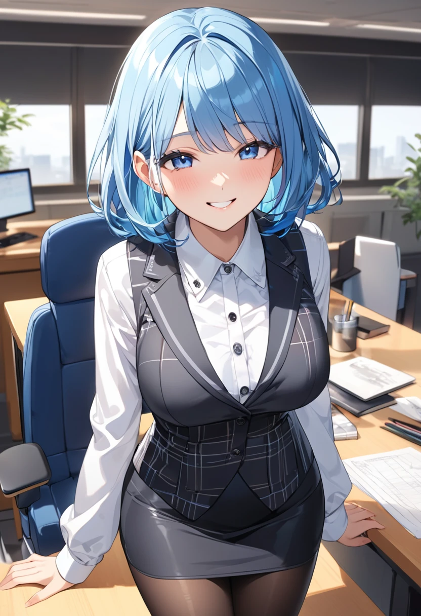 (Highest qualityのイラスト:1.2), (pretty girl:1.1), (1 girl、17 years old、Highest qualityのイラスト:1.2), (1 girl、smile、Beautiful breasts、Very detailedな目:1.2)、((Bright blue hair:1.2))、Short Bob Hair、(Highest quality、Very detailed、Very detailed and beautiful、Ultra-high resolution) 、BREAK wearing a [[white and gray plaid pattern]] vest over a long sleeve white collared-shirt), (buttoned gray vest:), (tight black pencil skirt), (pantyhose),office、Front facing、smile、