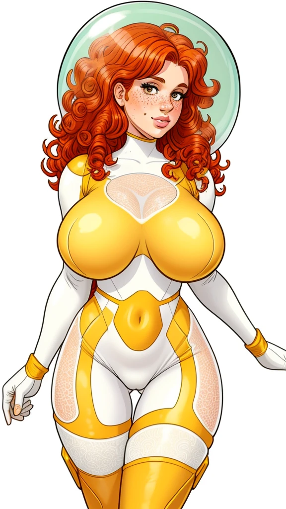 Lacy Lemon, pretty woman, curly ginger hair, freckles, large breasts, rubenesque, thigh high skintight space suit. bubble helmet, white background, blank background