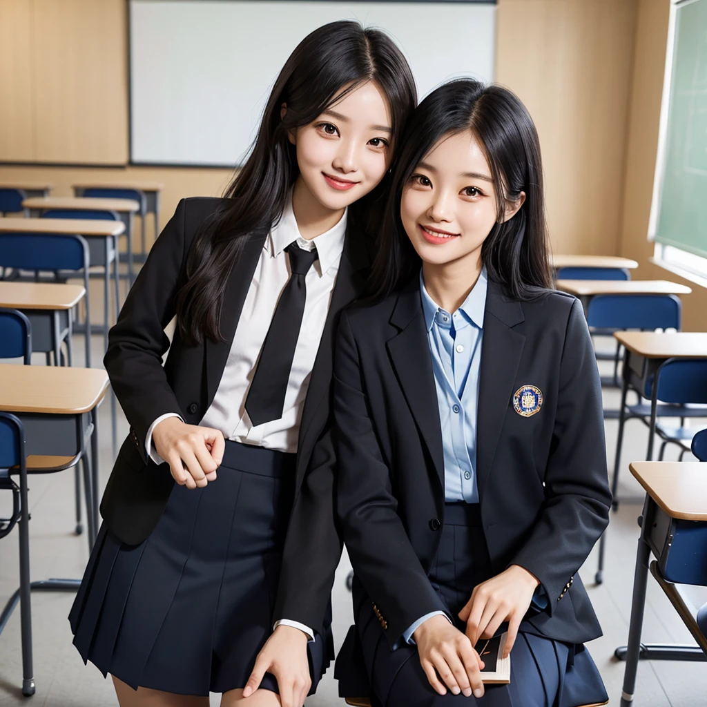 A confident smile, Reading during breaks in the classroom,Sounds like fun,短いBlack Hair, Brown eyes,Brown Skin,2 students、Use a gesture commonly associated with the peace sign when speaking (From the classroom), skirt, Black Hair, indoor, Blue Blazer Uniform, ((((Complete faithful finger))))
