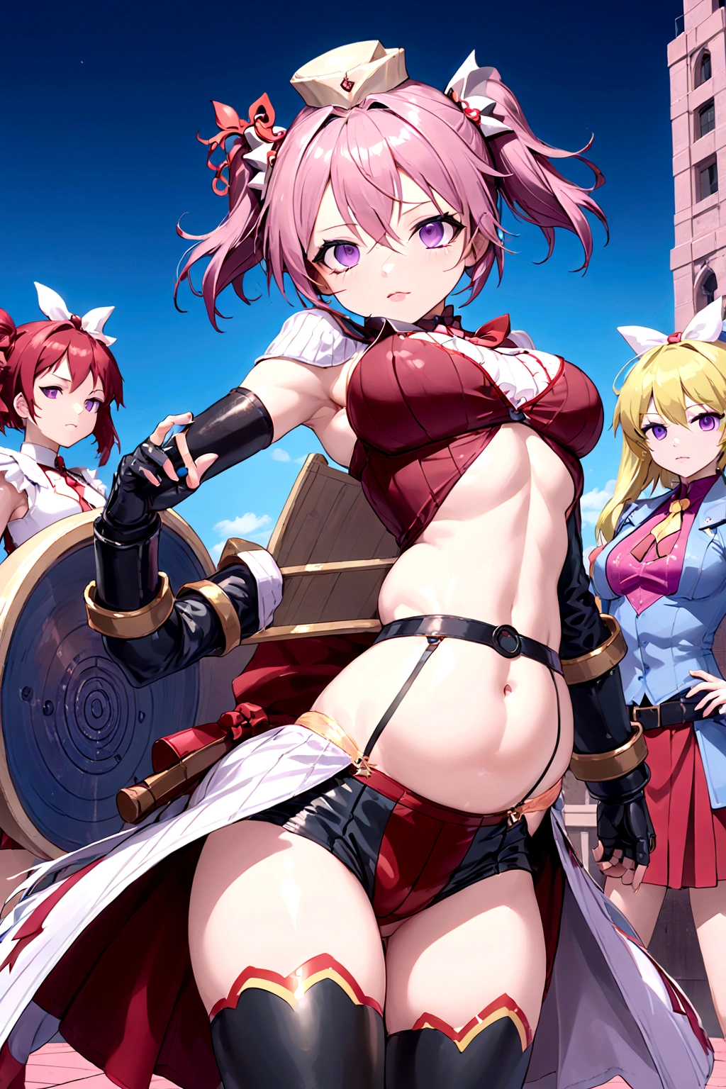 (large number of women), (multiple women), NSFW, collarbone, absurd, brainwashed, combatant, hollow eyes, ((purple glowing eyes 1.5)), expressionless, emotion removed, ((black shadaloo suit)), looking away, full body shape, ((standing up, saluting)), (highest quality, 4k, 8K, high resolution, requires: 1.2), ultra detailed, (realistic, looks real, looks real: 1.37), ticker, hyper hd, studio lighting, ultra detailed paint, sharp focus, physically based rendering, extreme detail, professional, vividness and color, blurry, sports portrait, landscape, horror style, anime big, anime giant, sci-fi, photography, concept artist, five fingers, perfect body, {{{masterpiece}}}, {{{highest quality}}}, {{ultra detailed}}, {{shape}, {{very delicate and beautiful}}, value for money, all roles, Canon 5D MK4 photo, photo, masutepiece, nffsw, shader, highest quality, elementary school student, (((magical girl outfit))), standing image, ratex, tight long gloves, long boots, pigtails, long hair, pink hair, belly button exposed, hands holding skirt, black lace panties, upskirt, (NSFW: 0.8), super big breasts, body type (girl body type, big breasts only), young girl, big breasts