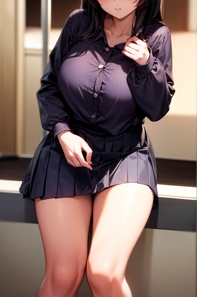 8K, detailed, anime, masterpiece, high quality, highres, best quality, highres, 1girl, disheveled hair, illustration, focus on face, simple background, long hair, socks, black hair, hair between eyes, calm, long bangs, tied hair, ribbons in hair, crimson red eyes, large breasts, breasts, perfect face, perfect legs, pleated skirt, full lips, add_detail:-9