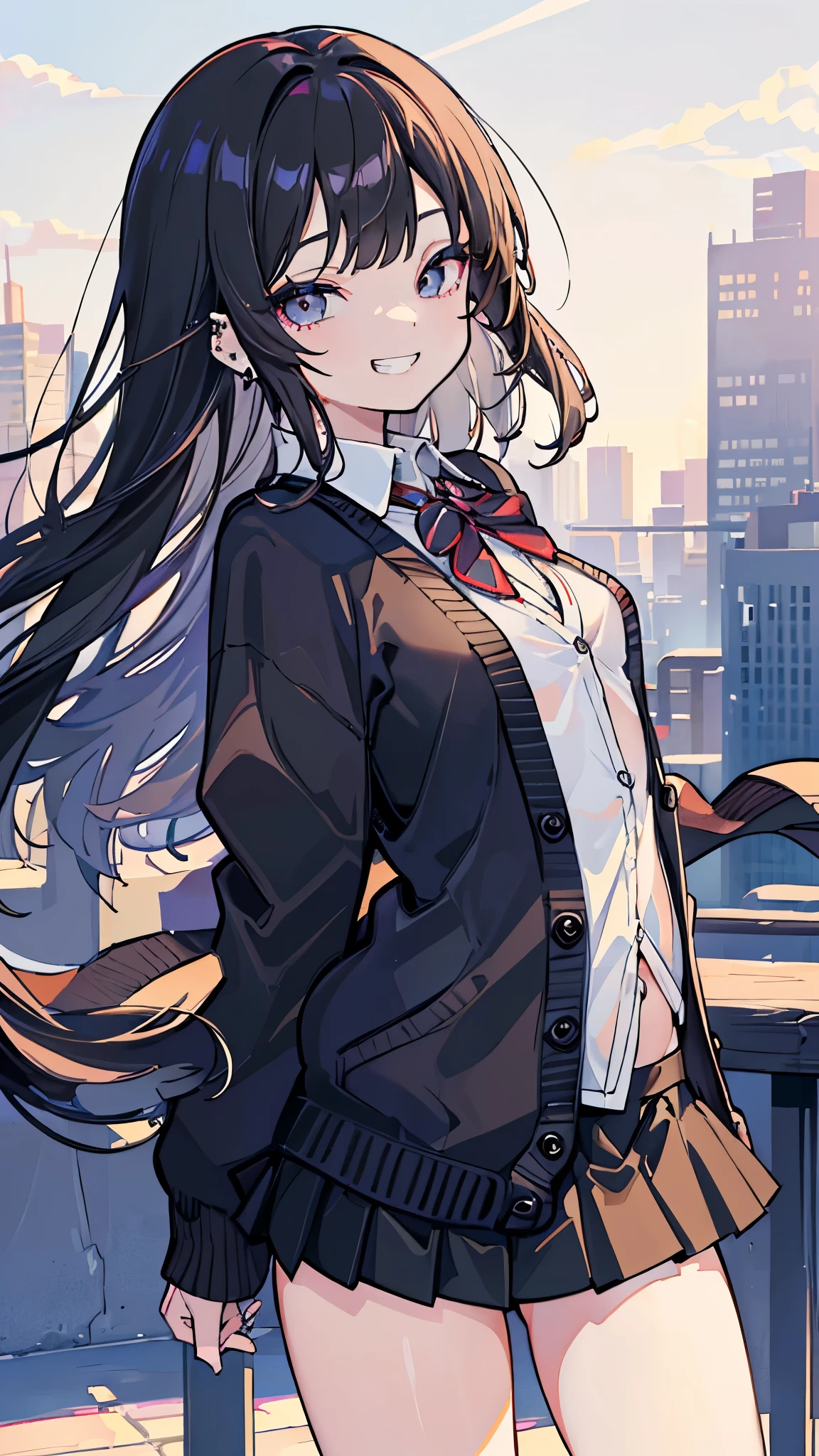 (masterpiece、Highest quality、Very detailed))、One girl、Black Hair、Long Hair、Straight bangs、Grey Eyes、evil smile、((Grin))、((lots of piercings))、((Small breasts))、((cardigan))、((Black pleated skirt))、((micro kirt flipped up by the wind))、((white panties))、Cowboy Shot、City Background
