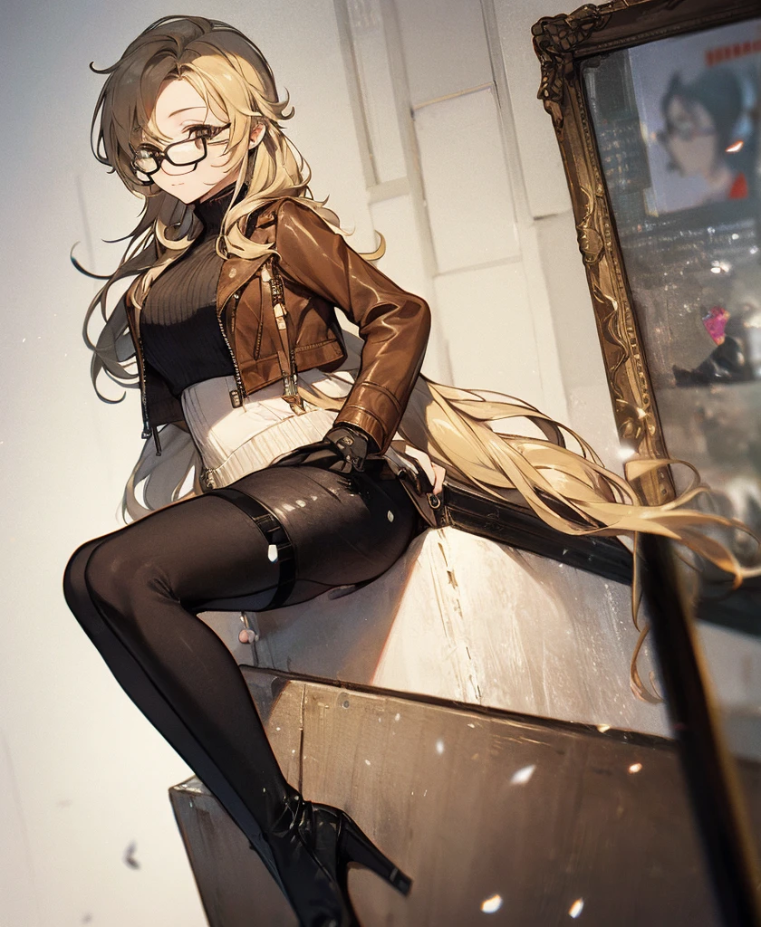 masterpiece, Concept Art, Close-up shot, Portraiture, Are standing, One girl, melania, Reverse 1999 ,Small face, Glasses, Long blonde hair, leather jacket, Black Skirt, (Black leggings)、Knee-high boots, Background of the museum