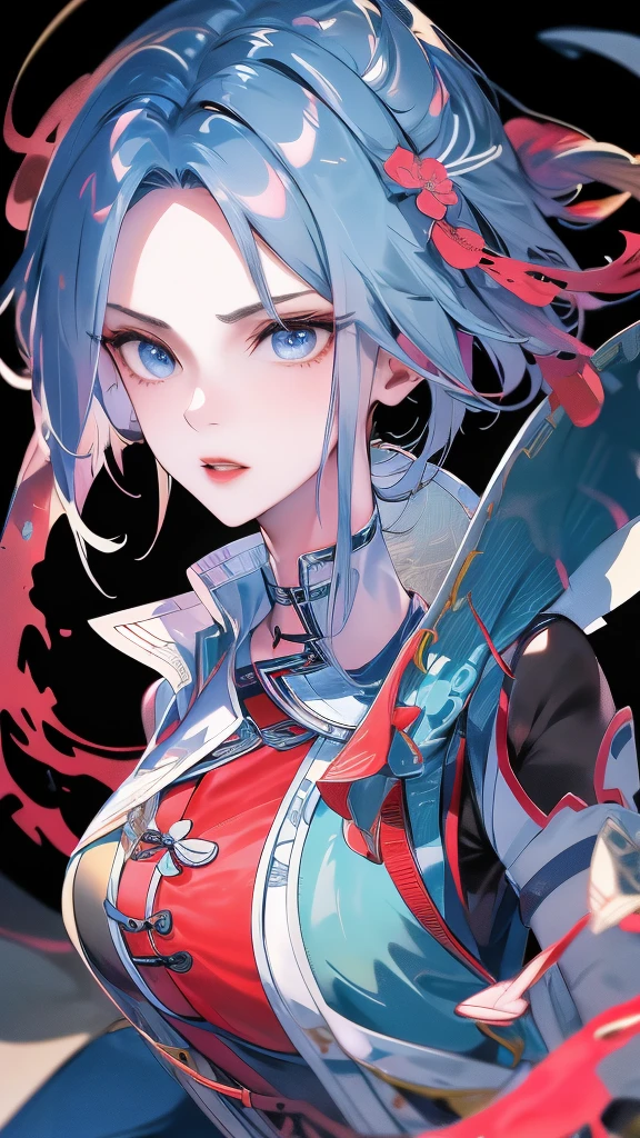 Masterpiece, Best quality, 1 Ji Ruxue, the expression is cold, strong, blue eyes, short hair, wolfcut hairstyle, smoky mix blue color hair, resolute eyes, red lips, simple Taoist Taoist uniform, Chinese mix morden, frontal photo, black or white background, simple background, アニメ, illustration, Chinese style short-sleeved shirt, cool girl, Ji Ru Xue, Fullbody, blank background , full HD