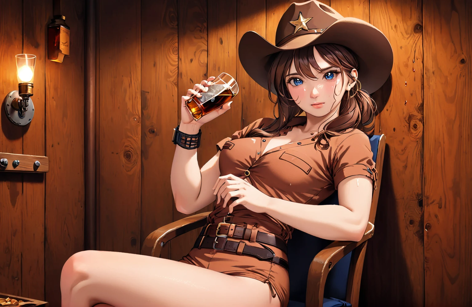 (((1 person:2.5))),(((Browsing Caution:1.5))),(((Wear a bikini:1.5))),(((Brown swimsuit:1.5)))(((Wear a gun belt with a holster:1.8))),,((Put the watch on your wrist:1.5))),(((Showing cleavage))),(((Exposed thin inner thighs))),(((Small breasts:1.5))),(((Bare arms))),(((Put on your boots:1.5))),((Blushed:1.8)), Beautiful detailed girl, Very detailed目と顔, 緻密でBeautiful Eyes, Very detailed, High resolution, Highest quality, masterpiece, Very detailed, 8k wallpaper, wonderful, finely, Highest quality,(Standing in front of a wooden wall),Beautiful Eyes,((Engage your audience:1.5)),((Cowboy Shot:1.5))),((Front shot:1.2)),((Place your right hand on your chest:1.5)),((Drinking whiskey:1.4)),(((Drunk,Cry:1.8))),(((Sitting on a chair:1.2)))