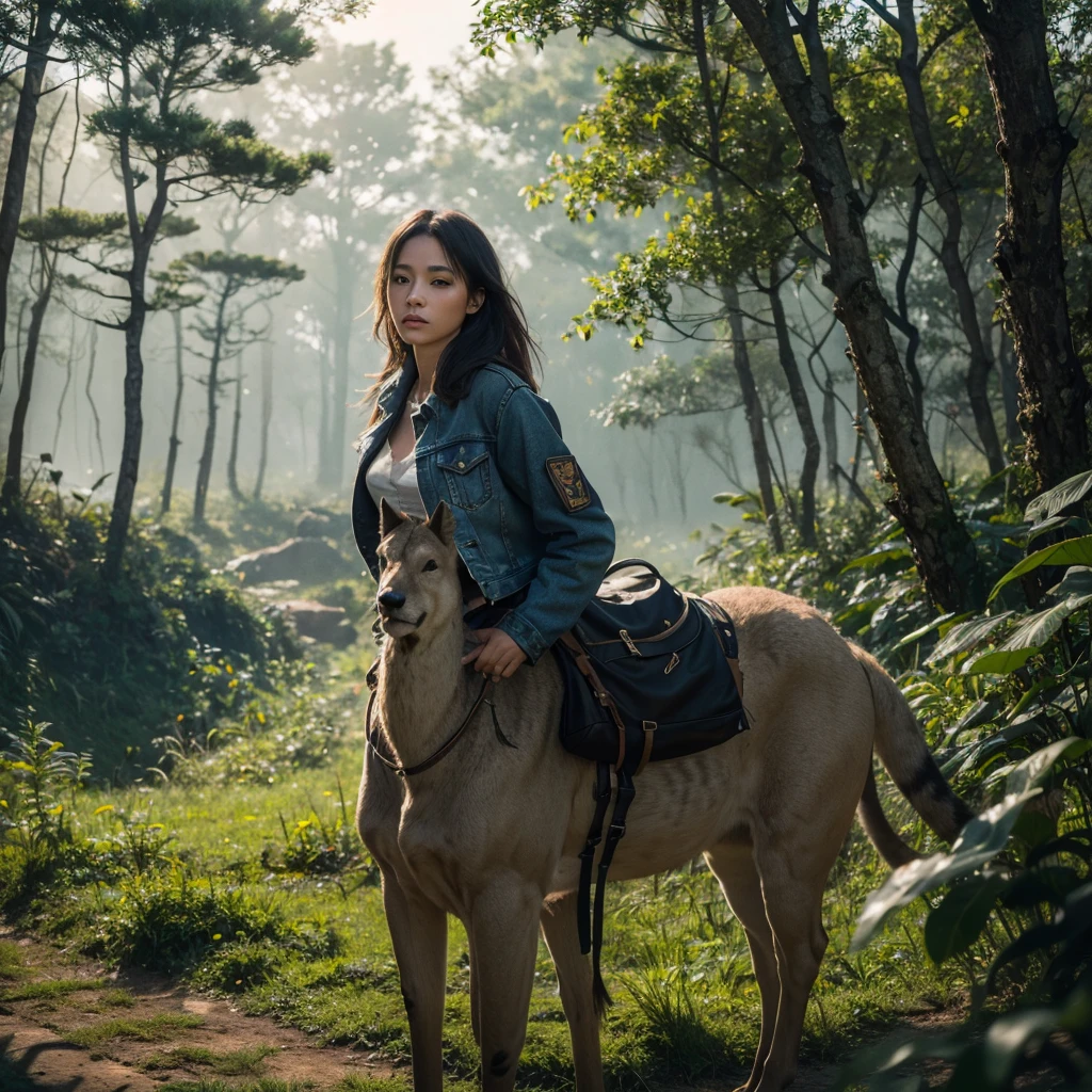 1girl, jacket, jeans, safari, ultra-detailed, cinematic composition, ultra HD, 8k, best quality, masterpiece, award winning,vlighting, volumetric fog, extreme details, highly detailed face and skin, intricate details, sharp focus, cinematic framing, extensive details, striking poses, ethereal atmosphere, natural tones, stunning vista, lush foliage, beautiful landscape, environmental portrait with wildlife animal in the background