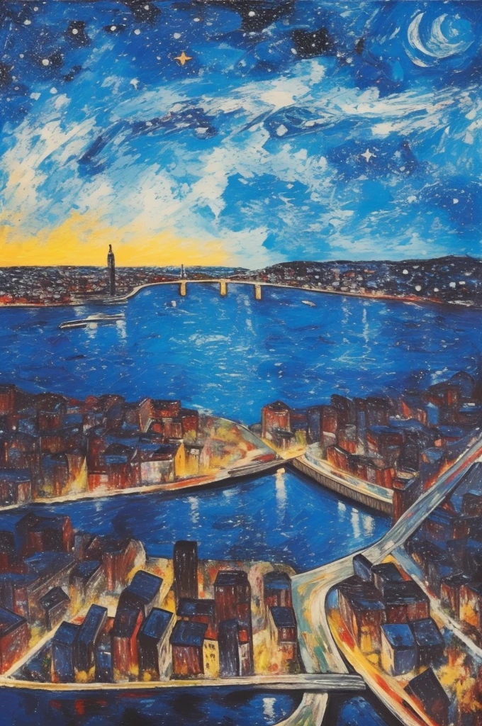 Abstract Art,best quality,masterpiece,Night Sky,Starry Sky,,scenic view of river,(bridge:0.7),Ultra wide angle,Ultra-long-range vision,City,seaside