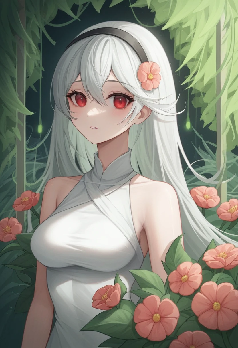 ((((The medium used to create this artwork is an illustration, with a realistic and photorealistic style. The artwork is of the best quality, with a resolution of 4k or 8k, ensuring ultra-detailed and sharp focus. The colors are vivid and the lighting is carefully crafted to create a visually appealing scene. The artwork showcases the human body in a tasteful manner, highlighting the beauty and elegance of the female form. In the background, there is a garden setting, featuring lush greenery and blooming flowers. The composition is balanced and visually pleasing, emphasizing the beauty of nature. The artwork captures of firefly as a strong and captivating character, with attention to detail and realism.)))) (Masterpiece) best quality, (((perfect eyes, perfect face))), 1girl, white dress, short black jacket, hairband, grey hai with curly at the end, red eyes, slim body, (((sexy pose))),