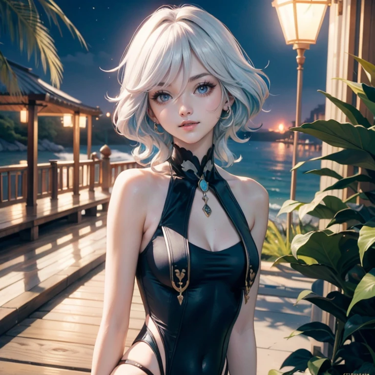 Furina(genshin impact), 1 girl, ornament hair, swim suit, gloves, wave hair, white hair, blue hair, medium hair, beach scene, sea on focus, white swim suit, more details on her clothes, sea, night, smiling, ornament hair, long hair, palm trees, Looking at the viewer, flowing hair,  Beautiful Eyes, Plump and glossy lips, white swim suit with too many frills, beach, beach scenery, sparkle, solo, centered girl, cowboy shot, perfectly body, perfectly hands, two arms, two legs, two hands, five fingers, perfect anatomy, glowing hair, cat ears, beach scene, upper body portrait 