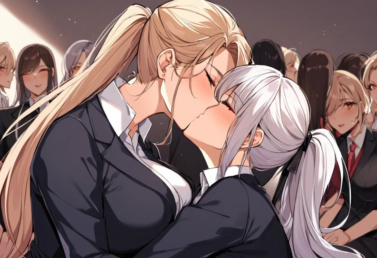 Kiss,lesbian kiss,mature woman,ceo and secretary,(pixie hair ceo),(ponytail hair secretary),CEO is sitting, dominant secretary,too many women, everyone kissing, love,passion,calm
