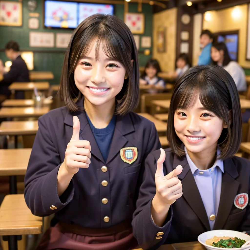 A confident smile, Reading during breaks in the classroom,Sounds like fun,ponytail, Brown eyes,Brown Skin,2 students、Use a gesture commonly associated with the peace sign when speaking (Tele from the restaurant), skirt, Black Hair, indoor, lunch, uniform, ((((Complete faithful finger))))