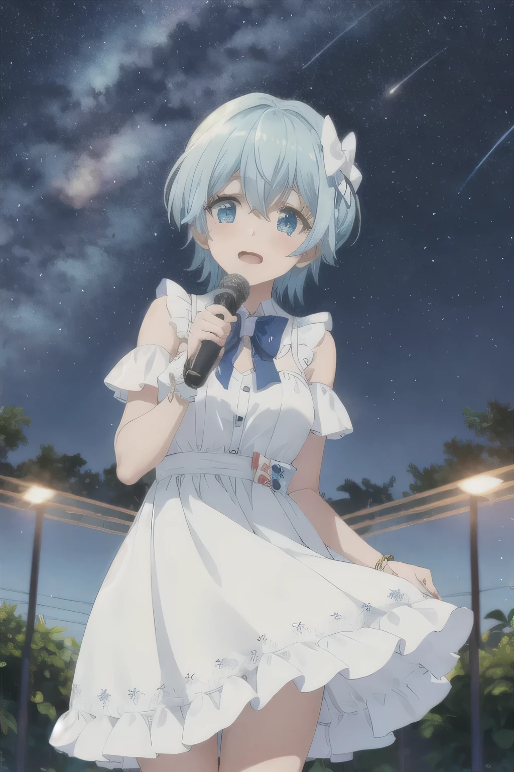 Starry Sky，meteor，Blue Hair，Acting cute，White Dress，Sing，White bow hairpin
