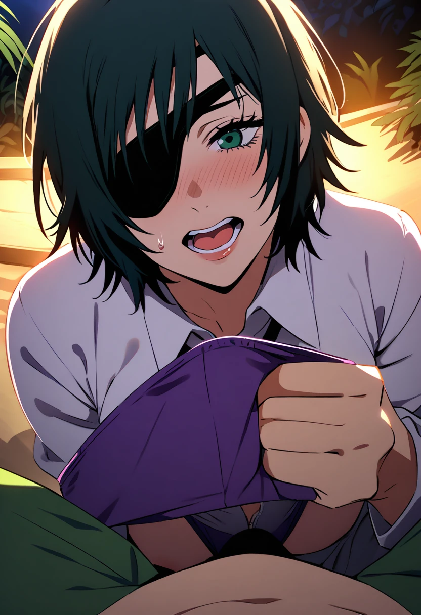 himeno, himeno(Chainsaw Man), 1girl 1boy, mature female, mature, Adult, black hair, short hair, eyepatch, POV, purple briefs, erection, foreplay, licking briefs, White spots on briefs, aroused, in heat, sweat, nsfw, Villains, jungle, Night, Dark, dramatic angle, unique perspective, unique angle, masterpiece, Top animation quality, Top image quality,