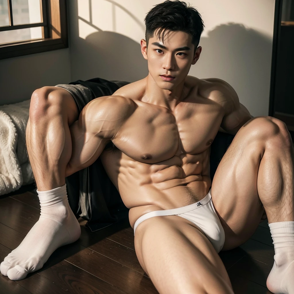 a muscular, shirtless chinese man, extremely detailed and realistic, hyper realistic, detailed face, chiseled jawline, piercing eyes, full frontal nudity, close-up of underwear, visible chest and leg hair, provocative, seductive pose, transparent underwear, white socks, ultra high resolution, 8k, photorealistic, cinematic lighting, dramatic shadows, warm color palette