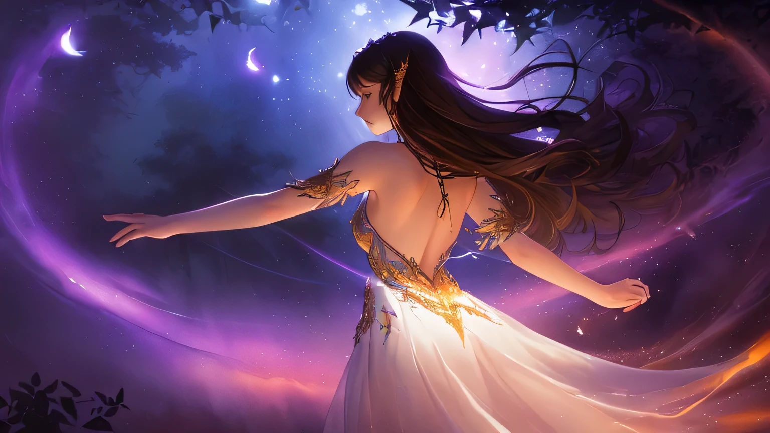 (masterpiece:1.3),(highest quality:1.3),(HDR:1.3),ambient light,ultra-high quality,(ultra detailed original illustration),8k,(((((1 girl, back view))))),(18-year-old girl:1.2),(back view:1.1),(long dark hair:1),(flowing white dress:1.1),(barefoot:0.9),(arms outstretched:1),(mystical forest:1.2),(dancing leaves:1.5),(swirling:1.2),(glowing:1.1),(moonlight:1.2),(ancient trees:1),(misty atmosphere:1.1),(ethereal:1.2),(deep purples:1),(rich oranges:1.1),(golden accents:1),(soft focus:0.9),(low angle view:1),(magical realism:1.2),(watercolor technique:1.1),(ink splatters:0.8),(luminous particles:1.1),(shadowy background:1),(flowing composition:1.1),(dreamy lighting:1.2),(fantasy art style:1.1),(texture overlay:0.9),(color blending:1),(dynamic brushstrokes:1.1),