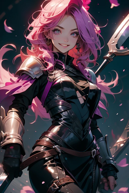 A pink haired reaper with violet eyes with an hourglass figure in leather armor is spinning her scythe in a flurry of peony petals with a big smile