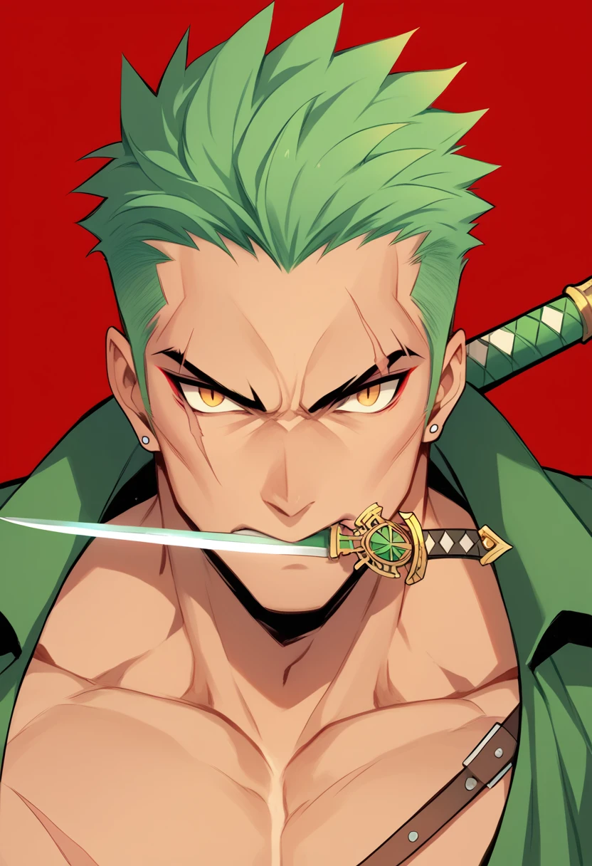 score_9, score_8_up, score_7_up, score_6_up, score_5_up, score_4_up, zoro, intense expression, green hair, scar over left eye, sword in mouth, ready for battle, confident, determined, strength, red background, dark, fierce