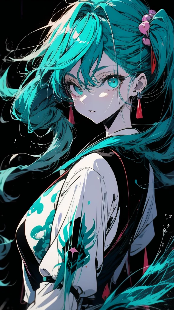 Blue-haired side ponytail，Design clothing，Seven-doppelganger shot，Anime style 4K，Anime girl with teal hair，High quality anime art style，Standing painting，Splash ink background，Blue Themes。