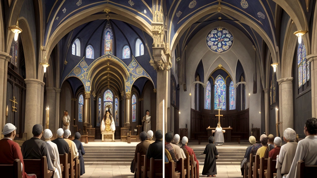 "Description: Illustrate the diversity of interpretations about the afterlife within Christianity. Show a collage of scenes depicting different denominations and cultural influences, each offering unique perspectives on biblical teachings. Capture symbols and imagery representing traditional views of Heaven, Hell, and the resurrection alongside newer theological developments like Conditional Immortality and Universalism.
Details: Use a mosaic-like composition to depict various denominational settings, incorporating architectural styles, sacred symbols, and cultural elements that reflect their unique interpretations. Include diverse groups of believers engaged in prayer, study, and discussion, symbolizing their exploration of different theological perspectives. Show expressions of contemplation, curiosity, and unity amidst diversity, highlighting the evolving nature of Christian beliefs about the afterlife."