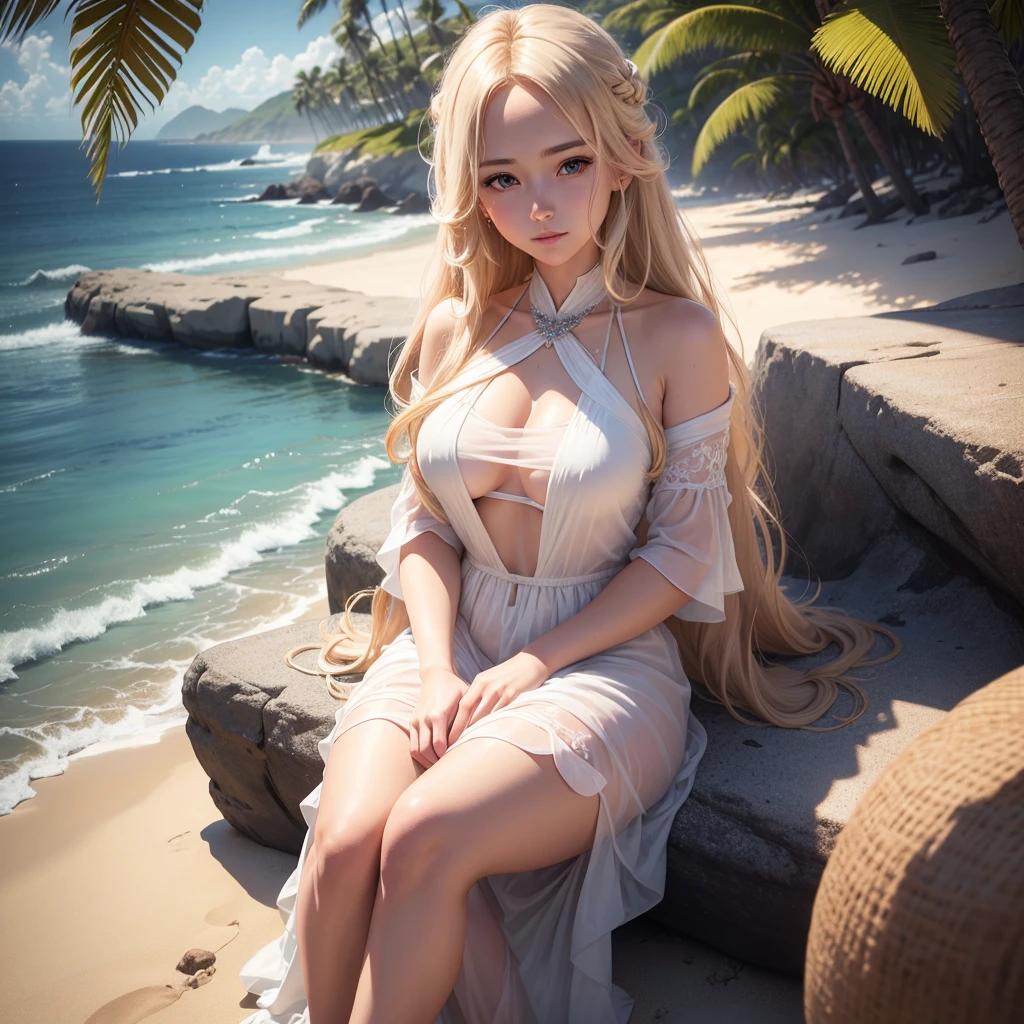 waifu, fictional female person, beautiful loving girl with long blond hair, wearing transparent white dress, waifu dreamy expression, sitting on a beach near the ocean, ocean of palm trees, serene expression, sunlight shining on her face , detailed facial features, detailed clothing, detailed sand and ocean waves, best quality, 4k, 8k, high resolution, masterpiece: 1.2, ultra detailed, realistic, photorealistic, photo-realistic: 1.37, lighting studio, bright colors, natural lighting, serene landscape, peaceful atmosphere.