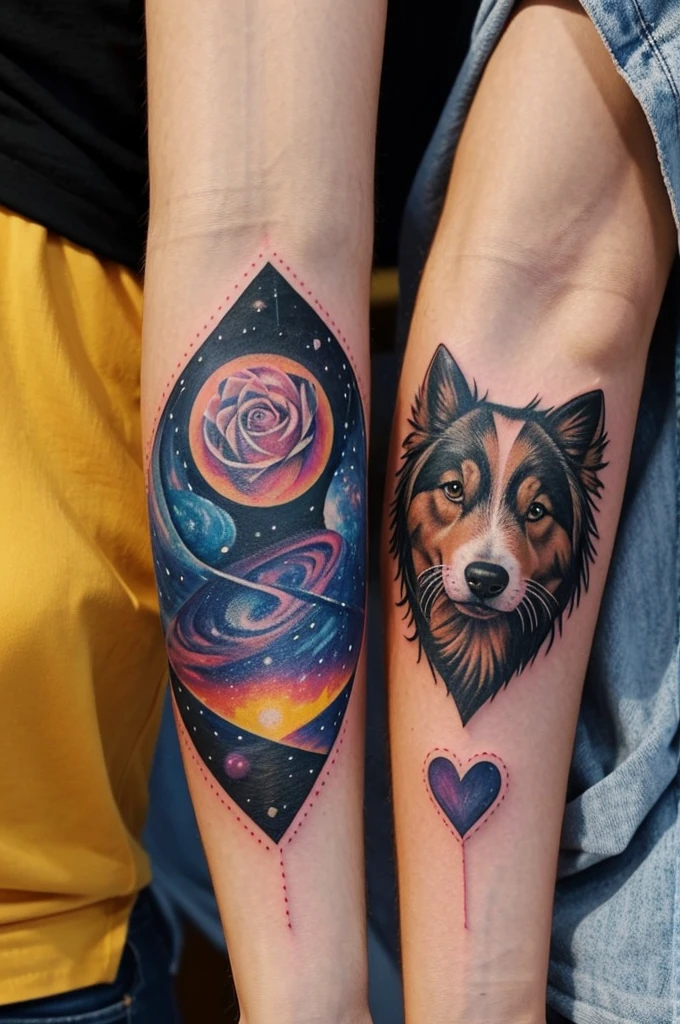 Make an image for a tattoo on your arm that has the meaning of love for yourself, your partner, family and pets as a background of the universe