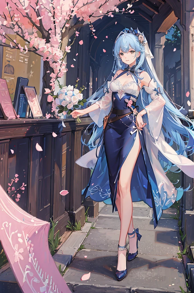 A girl with long blue hair, wearing a long wedding dress, holding a ball of flowers, smiling face, surrounded by falling cherry blossom petals, the colors are magical and shimmering, the effect is magical and filling. remote, panoramic view from afar