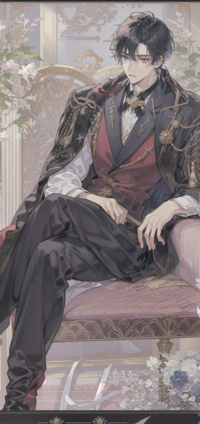 anime - style picture of a man in a tuxedo sitting on a chair, delicate androgynous prince, ((wearing aristocrat robe)), beautiful androgynous prince, anime key visual of elegant, dignified aristocrat, royal elegant pose, aristocratic appearance, royal attire akira, ornate attire, imperial royal elegant clothing, wearing a black noble suit