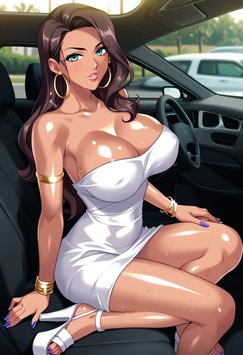 score_9, score_8_up, score_7_up, source_anime, luxurious gardens, POV, rich party girl, bracelets, tan, arched back, natural lighting, gold chains, large natural breasts sagging, looking at viewer, strapless transparent white summer minidress, sitting in luxurious sports car, insanely detailed, sweaty skin, oily skin, wet skin, shiny skin, posing, armlets, view from above, detailed skin, hourglass figure, posing in luxurious expensive car , flirting, lustful gaze, tan skin, hoop earrings , eye contact , depth of field, cinematic illumination, volumetric lighting, Painstaking Attention To Details, Beuty, painted nails, pores, breast veins, slutty rich preppy party-goer, angled view, white high heel wedge summer sandals