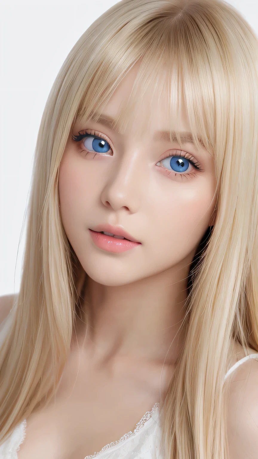 Highest quality、masterpiece、(Realistic:1.4)、One very beautiful blonde girl、Dazzlingly long, super long straight silky platinum blonde、Bangs between the eyes、bangs on the face、Big, very bright light blue eyes that shine so beautifully、Very big eyes、front、Detailed face、Beautiful Eyes、Very white and bright, beautiful skin、Small Face Beauty、14 year old beautiful girl、Cheek gloss highlighter、Round face