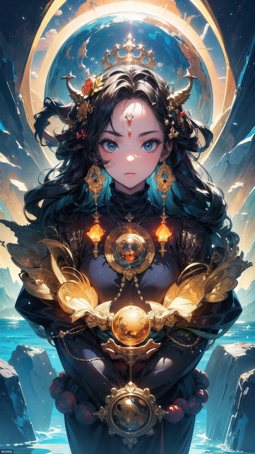 (masterpiece, best quality:1.2), Super Detail, light, Human Development Report, illustration, Giant stone heads become habitats in the sea, rich and colorful, The monks, mystery, Very detailed, High contrast, Golden Ratio Composition, Epic views, masterpiece,