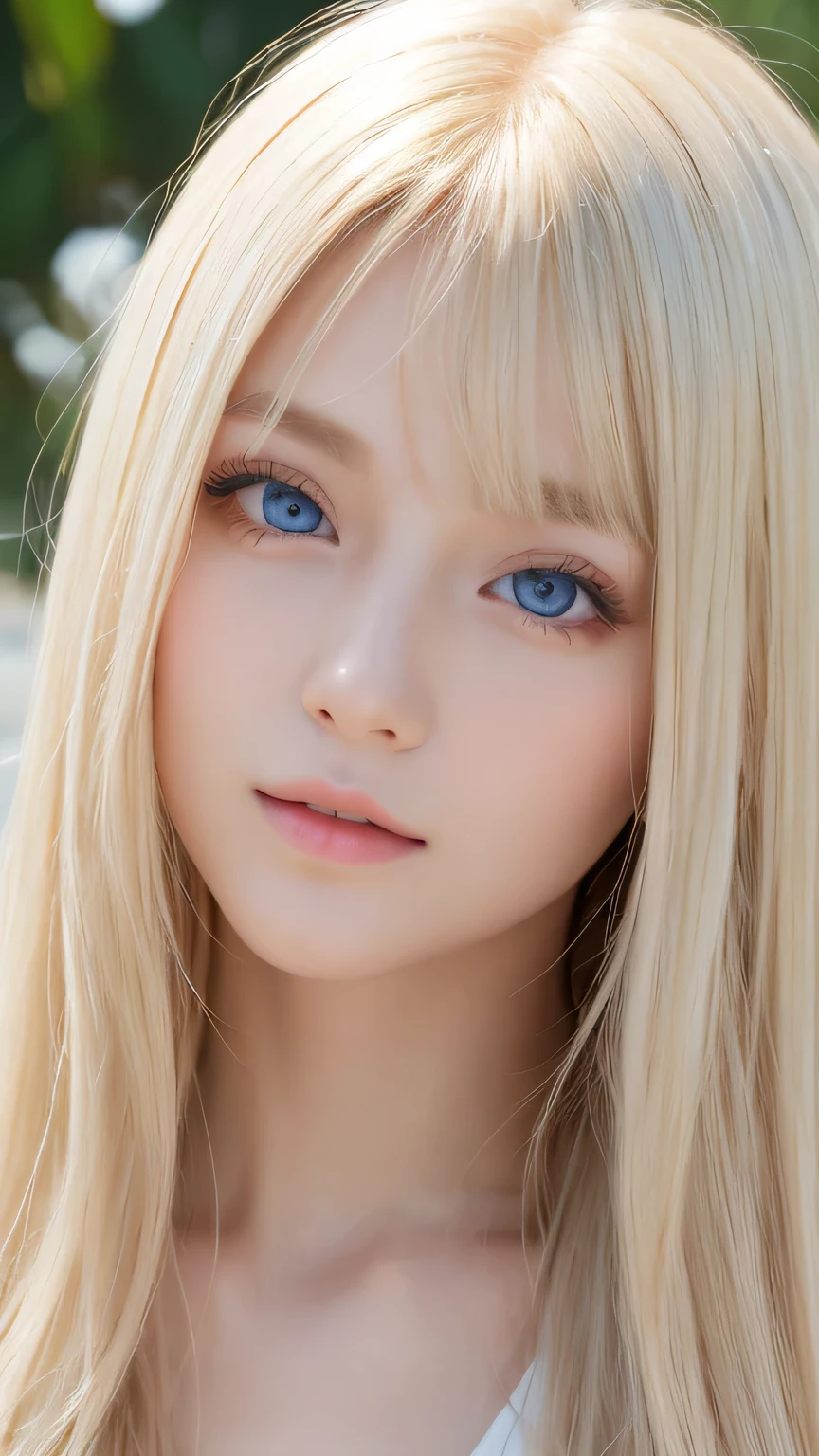 Highest quality、masterpiece、(Realistic:1.4)、One very beautiful blonde girl、Dazzlingly long, super long straight silky platinum blonde、Bangs between the eyes、bangs on the face、Big, very bright light blue eyes that shine so beautifully、Very big eyes、front、Detailed face、Beautiful Eyes、Very white and bright, beautiful skin、Small Face Beauty、14 year old beautiful girl、Cheek gloss highlighter、Round face