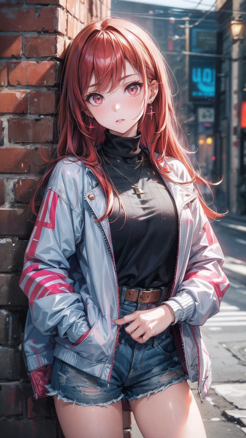 (masterpiece, best quality, 1 girl, Solitary, Intricate details, Chromatic Aberration), Practical, ((Moderate breathing)),Long hair, Red hair, Red decoration on head, Pink highlights, Amber eyes, earrings, Sharp eyes, necklace, Neon shirt, Ripped shorts, Unbuttoned jacket, turtleneck sweater, night, Against the wall, Brick Wall, Graffiti, Dim Lights, alley, Look at the audience