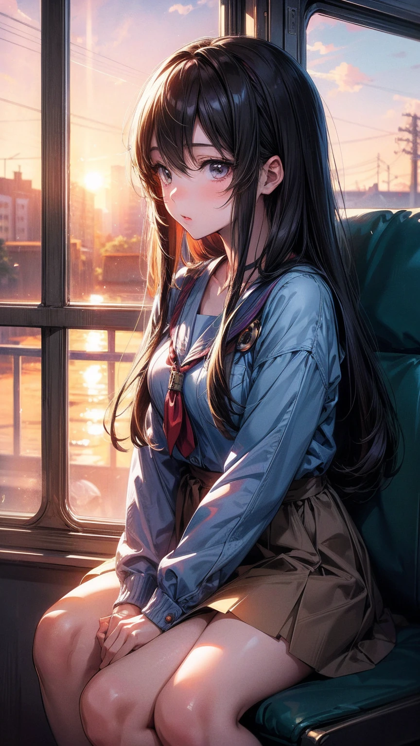 Anime girl sitting on the train and looking out the window, Beautiful anime portrait, Portrait of Lofy at a window, Beautiful anime girl, Portrait of Lofy, Lo-Fi Girl, Portrait Anime Girl, Artwork in the style of Guweiz, High quality portrait, As the sunset, Charming anime girl, Cute anime girl, Realistic cute girl, Anime style. 8K