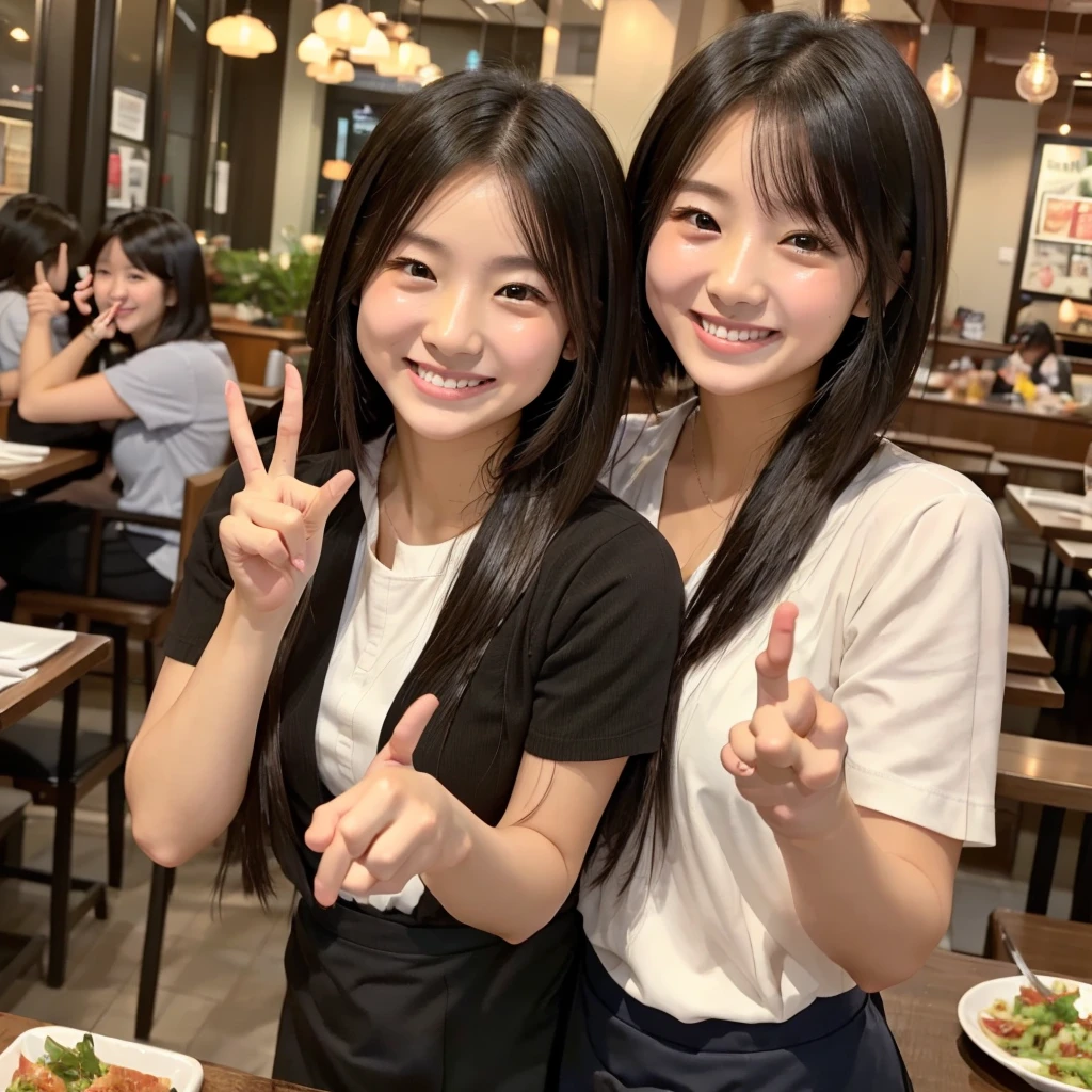 A confident smile, Taking photos at a family restaurant,Sounds like fun,短いBlack Hair, Brown eyes,Brown Skin,2 students、Use a gesture commonly associated with the peace sign when speaking (Tele from the restaurant), skirt, Black Hair, indoor, meal, shirt, ((((Complete faithful finger))))