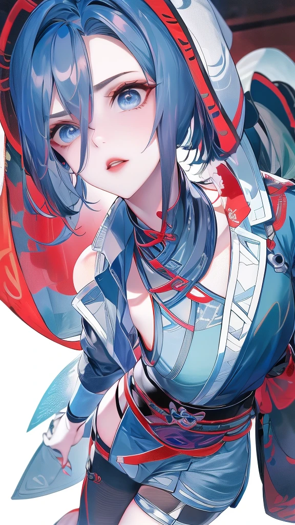 Masterpiece, Best quality, 1 Ji Ruxue, the expression is cold, strong, blue eyes, short hair, wolfcut hairstyle, smoky mix blue color hair, resolute eyes, red lips, simple Taoist Taoist uniform, Chinese mix morden, frontal photo, black or white background, simple background, アニメ, illustration, Chinese style short-sleeved shirt, cool girl, Ji Ru Xue, Fullbody, blank background , full HD