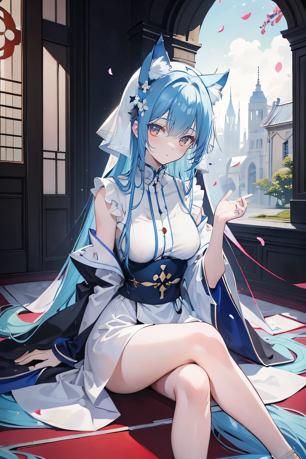 (masterpiece:1.2),Extremely detailed,Practical,expressive eyes,Fair skin,Perfect face shaping,1 Girl,
Japanese cartoons,Gorgeous blue hair, the long flowing blue hair,Floating clothes,Cat ears,Petals fall,beautiful lola,Young Angel,
Place your hands on your waist,sit elegantly on the ground,Cross your legs,Gentle and peaceful background,church,Nun's Clothes,back view,lie on the water,Large Breasts, H Cup, Good breasts, Place your hands on your waist,beautiful, Gorgeous,Japanese cartoons,girl,Lola,Hina Angel, Blue Hair, Blue Haired,Tent breasts, tent box, tent chest, Floating clothes,Grab your waist, Grab your waist, Hands on Hips , hands on hips,sit, sit on ground, Legs on the ground.