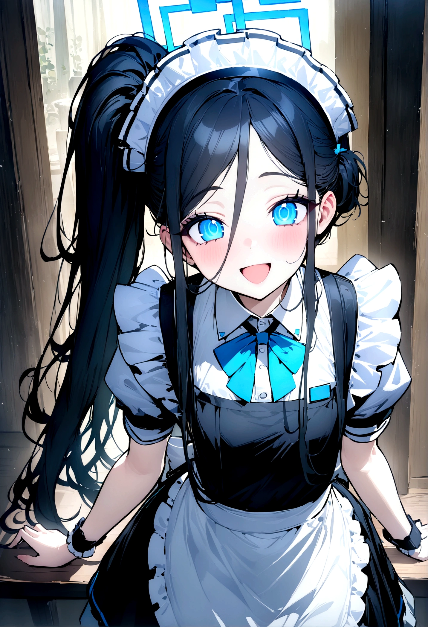 ((masterpiece, high quality, very beautiful, artistic,nai3)),aris (blue archive),Maid Aris, official art, smiling, open mouth, side ponytail, black hair, blue eyes, maid headdress, maid apron, short sleeves, with frills , simple indoor background,