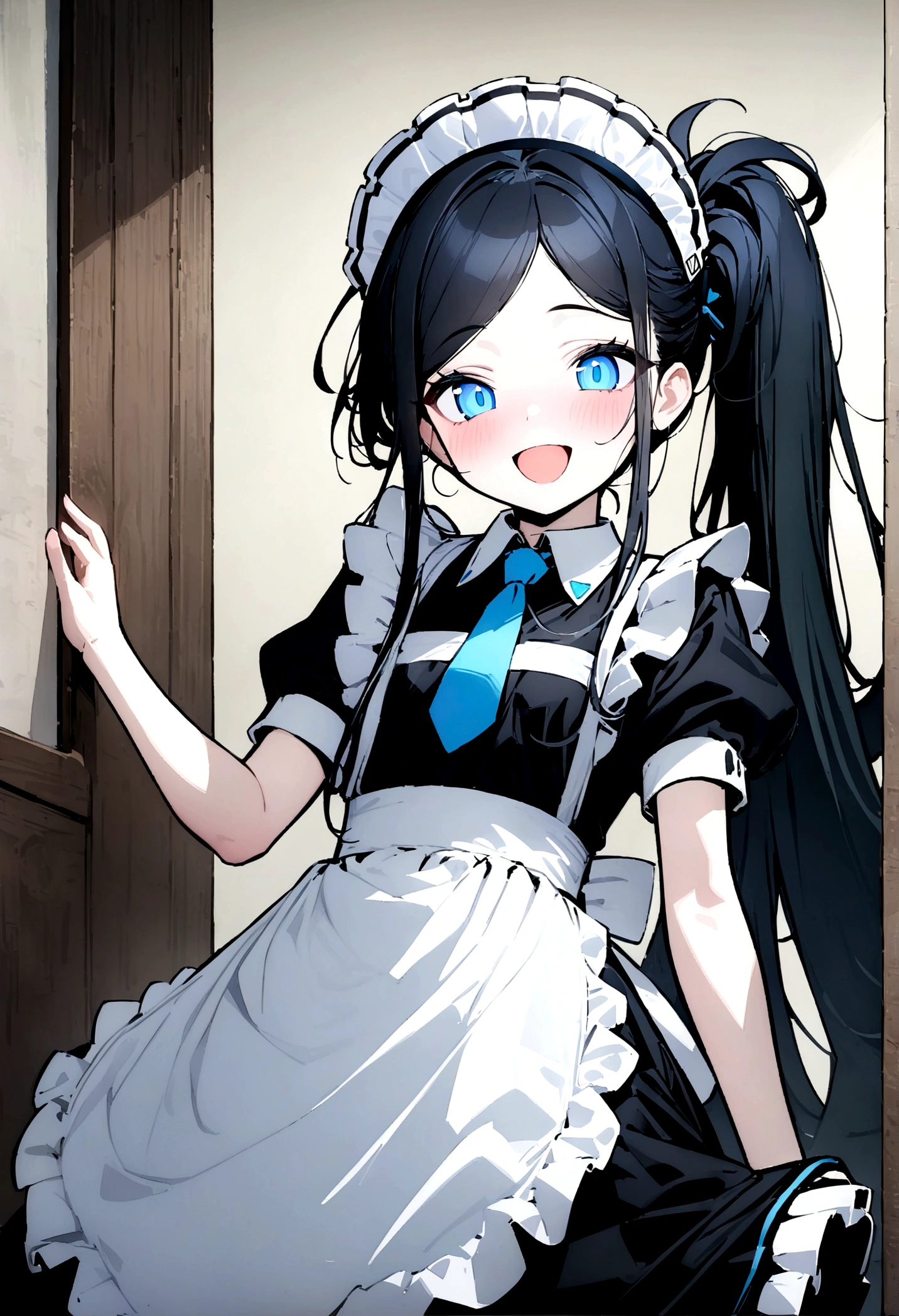 ((masterpiece, high quality, very beautiful, artistic,nai3)),aris (blue archive),Maid Aris, official art, smiling, open mouth, side ponytail, black hair, blue eyes, maid headdress, maid apron, short sleeves, with frills , simple indoor background,