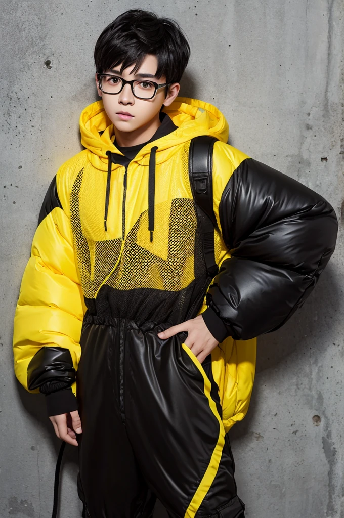 Short black hair with yellow mesh、Black and yellow eyes、Glasses、boy、whole body、Character portrait