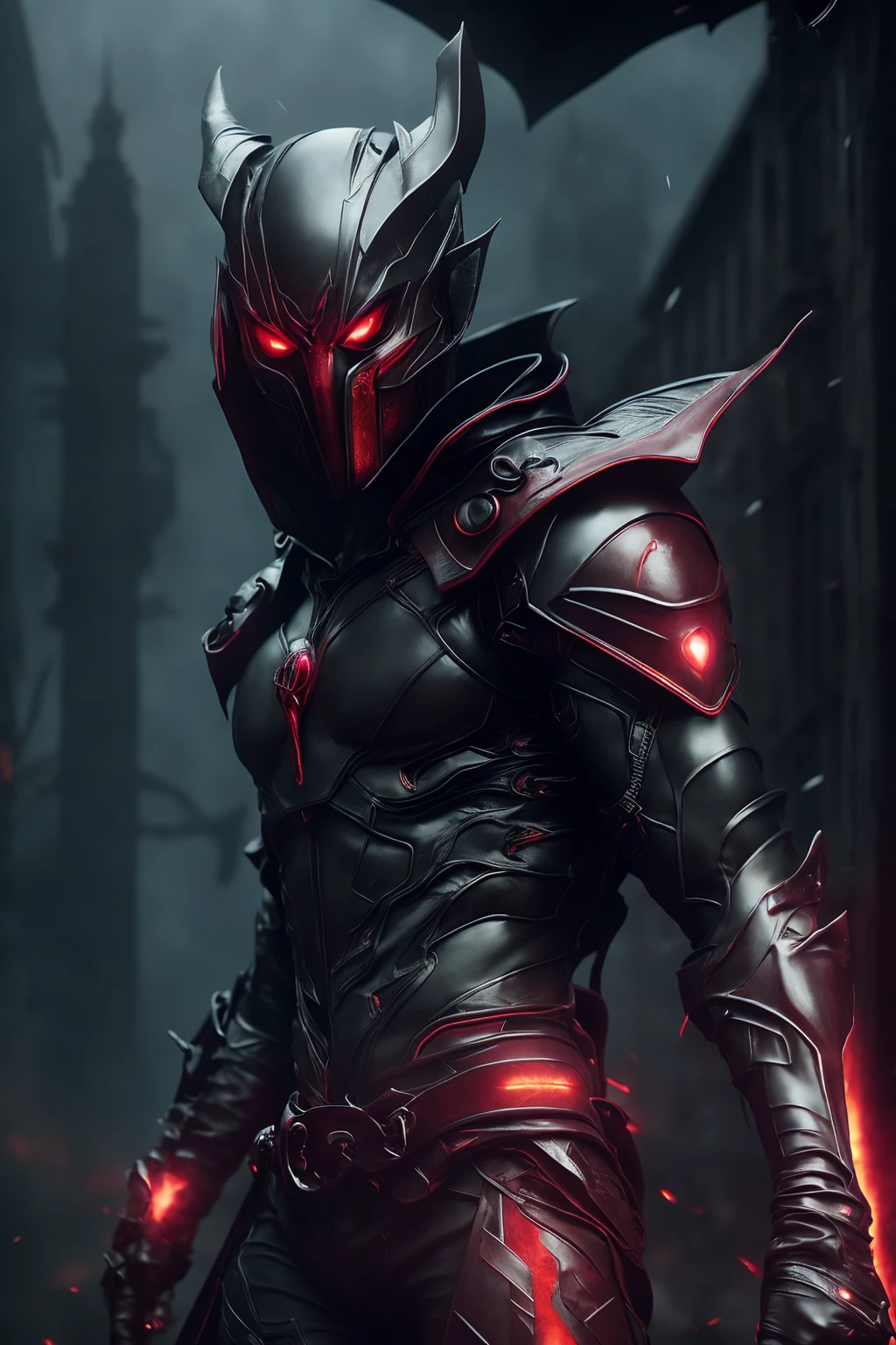 powerfull (demonic creature:1.2), red tech googles, demon mask, androgynous male, strong pose, tech heavy armor, Raiden, metal gear style, lightning effects, thunder effects, dark sky raining, god of thunder, dark hair, infernal city background, tall structures, infernal towers background, dark red colors, apocalyptical, far distance, full body, perfect detailed face, detailed symmetric circular iris, realistic, stunning realistic photograph, 3d render, octane render, intricately detailed, cinematic, Isometric, dark fantasy theme, mystical, Dark theme, underworld theme, deviant art masterpiece, white skin, crimson eyes, dark tattoos, colour grading, dark illustration, extreme quality, extremely detailed, ultra-detailed face, ultra hd 8k, dark lightning, concept art, hyperdetailed, intricately detailed gothic art, triadic colours, fantastical, intricate detail, splash screen, complementary colours, fantasy concept art, 8k resolution, soft lighting, film photography, film grain, hyperrealist
