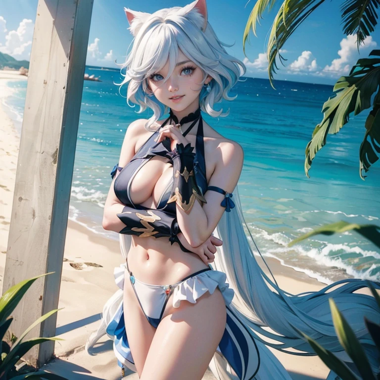 Furina(genshin impact), 1 girl, ornament hair, swim suit, gloves, wave hair, white hair, blue hair, medium hair, beach scene, sea on focus, white swim suit, more details on her clothes, sea, night, smiling, ornament hair, long hair, palm trees, Looking at the viewer, flowing hair,  Beautiful Eyes, Plump and glossy lips, white swim suit with too many frills, beach, beach scenery, sparkle, solo, centered girl, cowboy shot, perfectly body, perfectly hands, two arms, two legs, two hands, five fingers, perfect anatomy, glowing hair, cat ears, beach scene, upper body portrait 