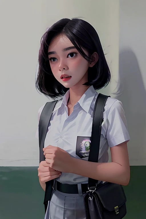 (((Ultra-HD-quality-details))) , Indonesian, Southeast Asian high school girl with a round face, short black hair with a scared expression, white shirt, gray skirt, classroom, carrying a black sling bag, holding a cell phone with the flash on, medium shot portrait, background in the classroom quiet at night there is a shadow of a monster behind,