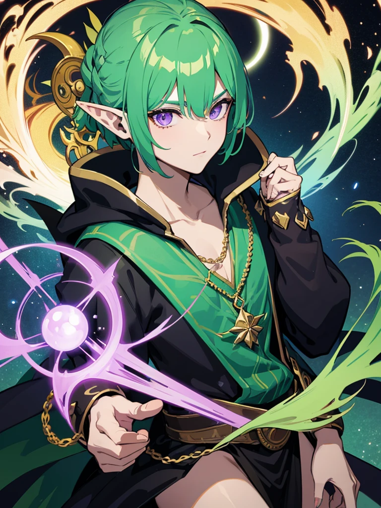Elf Man, mage, green hair, dark fantasy, detailed green and black cosmic robe, cosmic staff, dragon wings , purple eyes, solo man, 1male