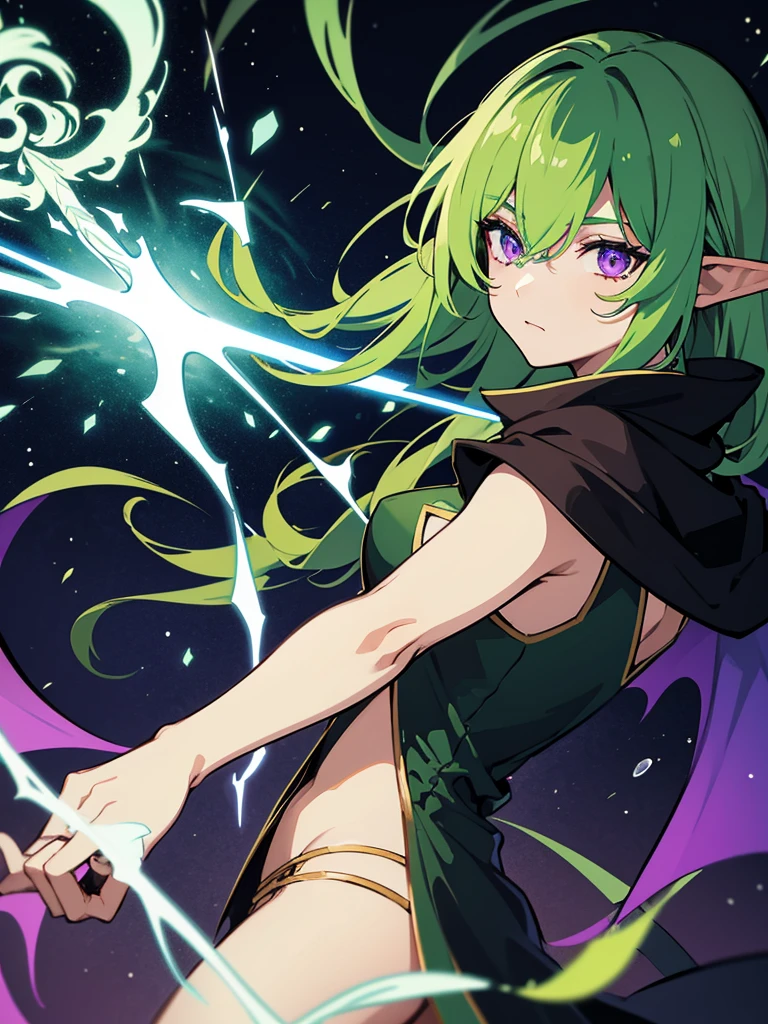Elf Man, mage, green hair, dark fantasy, detailed green and black cosmic robe, cosmic staff, dragon wings , purple eyes, solo man, 1male