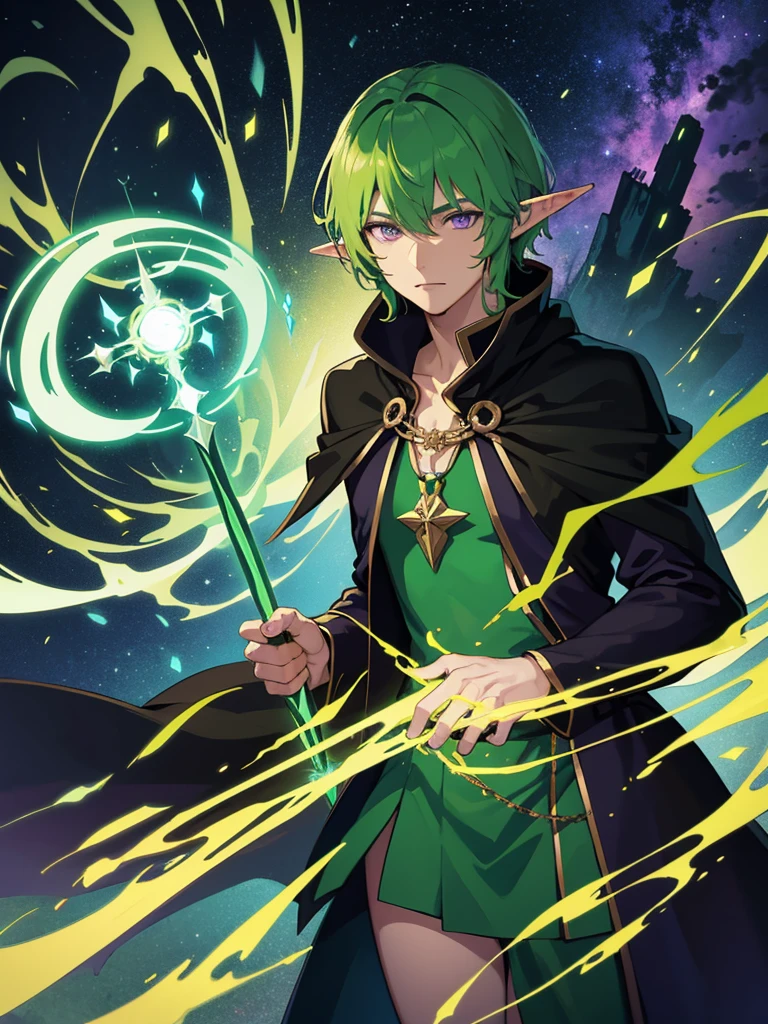 Elf Man, mage, green hair, dark fantasy, detailed green and black cosmic robe, cosmic staff, dragon wings , purple eyes, solo man, 1male